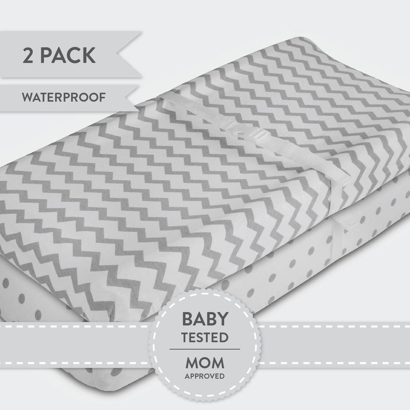 Ely's & Co. Waterproof Changing Pad Cover Sheets 2-Pack for Baby Boy or Baby Girl - (Grey Chevron & Polka Dots) - Image 2